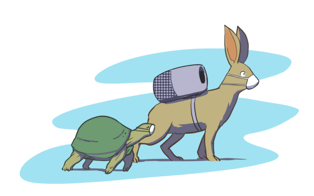 une tortue et un lièvre sur la ligne de départ. Le lapin a un purificateur d'air sur son dos, attaché